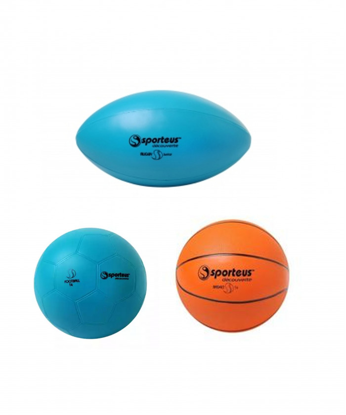 BALLONS EN PLASTIQUE 2 FOOT/2 BASKET/2 RUGBY (LOT DE 6)